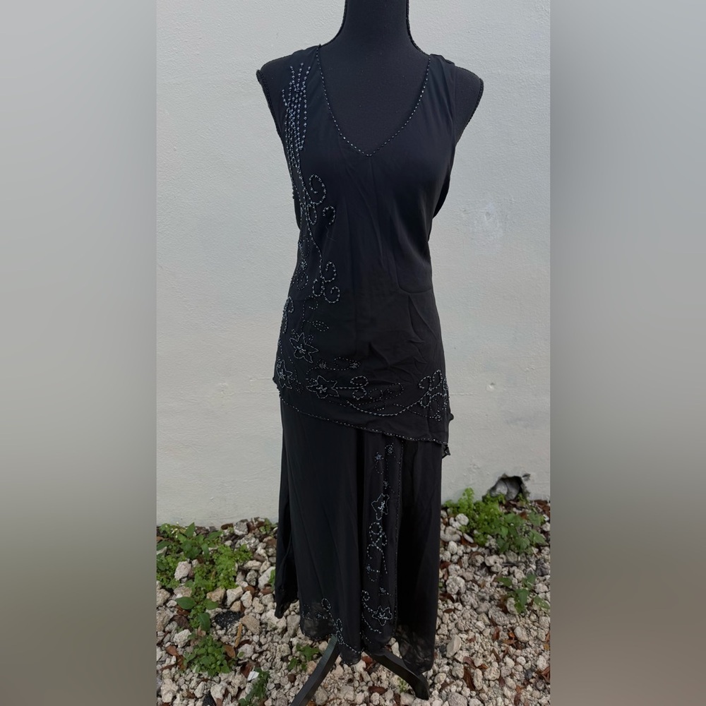 Black Beaded Asymmetrical Dress Size 6 Vintage Y2K